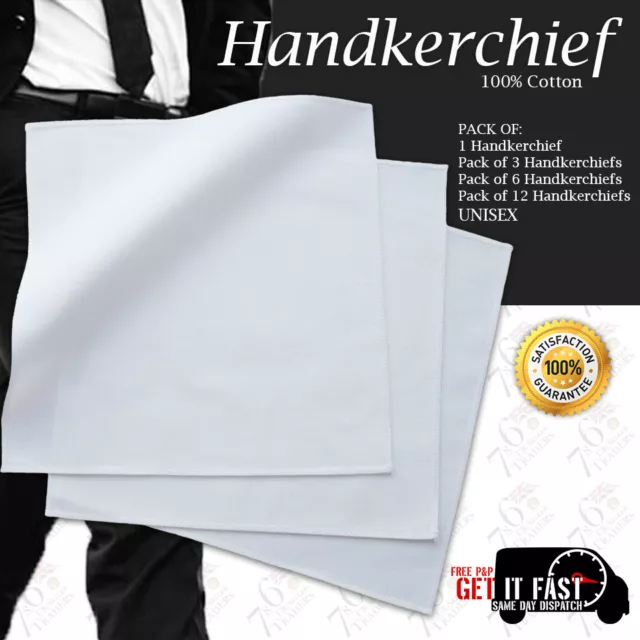 Lot Of New White Handkerchief Soft Washable Unisex Handkerchiefs 100% Cotton Uk