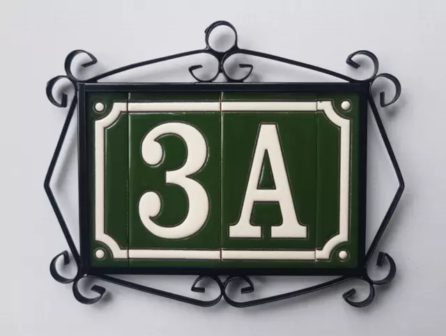 11cm x 5.5cm French Hand-painted Ceramic Green Number Tiles & Metal Frames