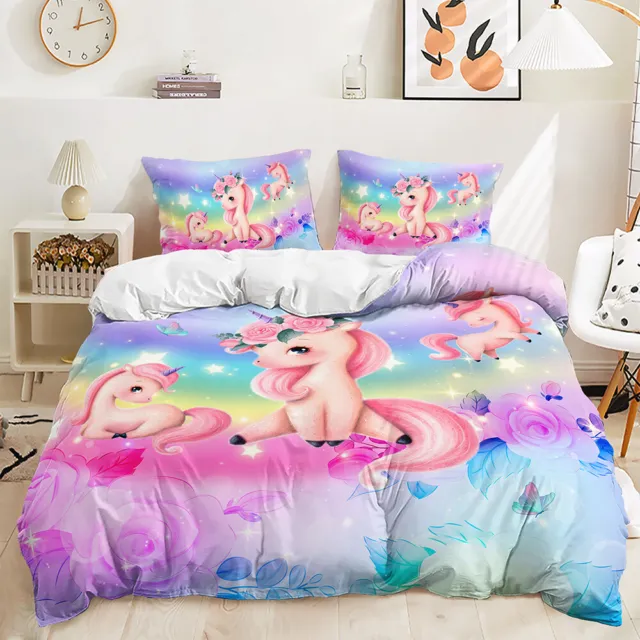Rainbow Unicorn Princess Mermaid Magic Floral Doona Duvet Quilt Cover Bed Set 3