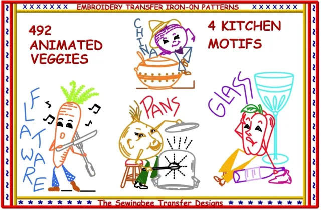 Embroidery Transfer Animated VEGGIES PLAYING MUSIC ON POTS & PANS Tea Towel 492
