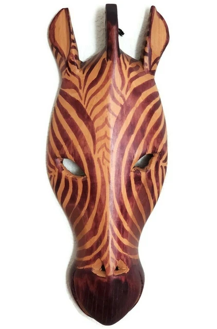 Handmade Kenya ZEBRA MASK Hand Carved Wood Safari Art Wall Wooden Décor 14”