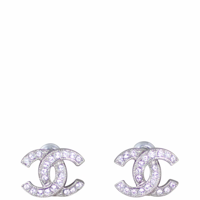 Chanel Silver Tone Crystal Embellished CC Stud Earrings Chanel