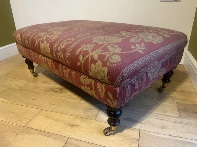 Vintage Red Fabric Ottoman Footstool Upholstered In Tapestry With Brass Castors