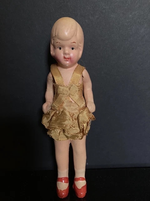 Vintage Porcelain Bisque 6" Doll  Jointed Arms Painted Face, Japan  1920-1930