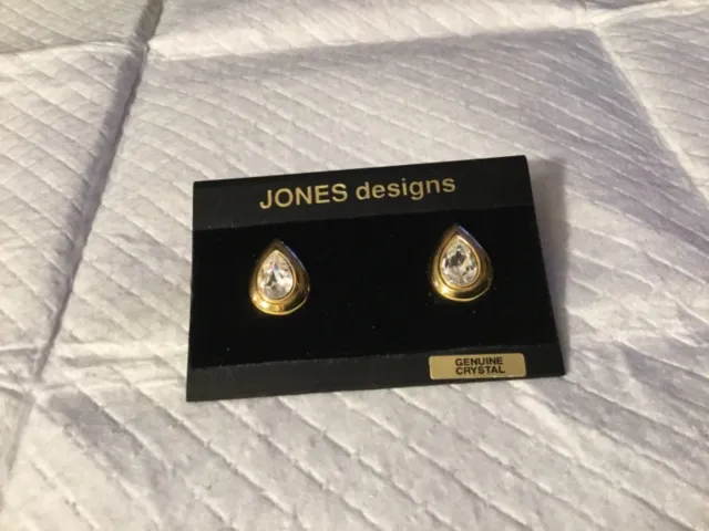 JONES NEW YORK Gold Crystal Teardrop Clip Earrings Designer Runway