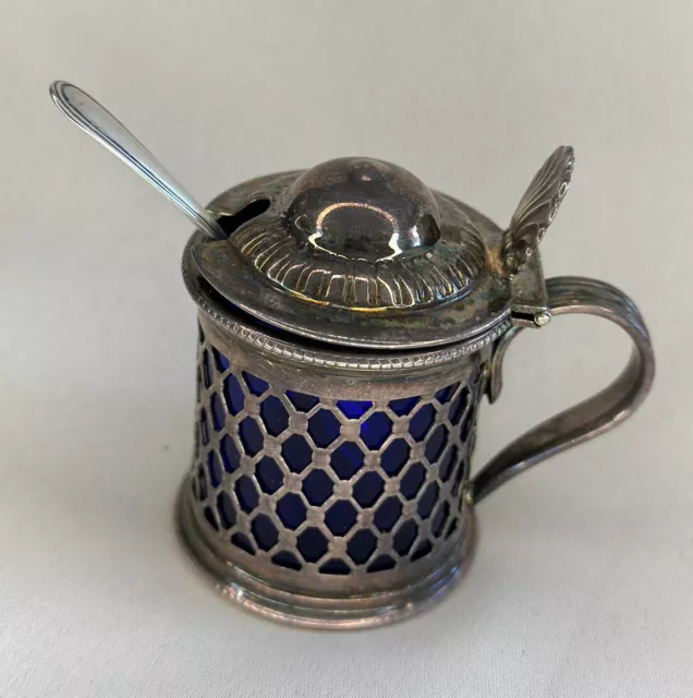 Antique Silver Plated Mustard Pot With Cobalt Glass And Spoon 1870