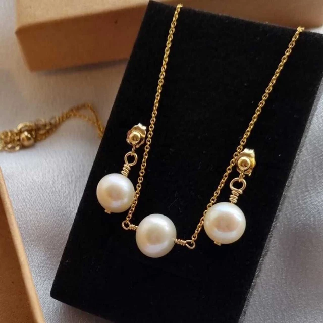 A set 9-10MM white freshwater Pearl Necklace earrings New Year Wedding Party