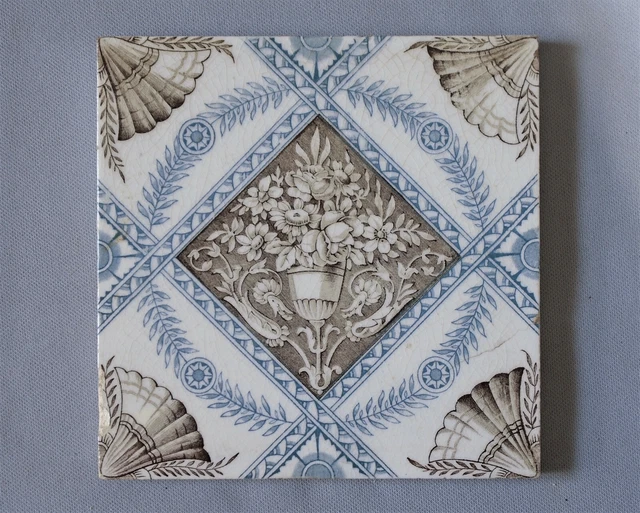 Vintage English Victorian Transferware Tile Neo Classical Urn of Flowers Antique 3
