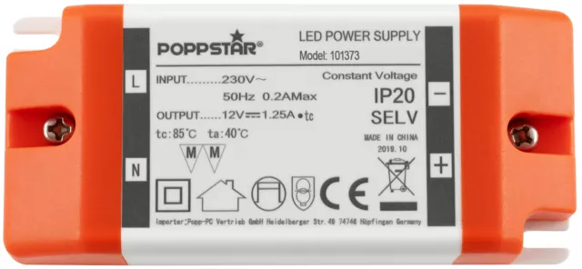 Poppstar - Transformateur 220V AC/12V DC 1.25A jusqu'à 15W, Ballast 12V pour LED 3