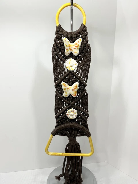 VTG MCM Ceramic Macrame Wall Towel Hanger Brown & Yellow Orange Butterfly Flower