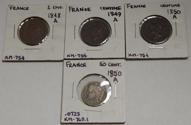 France - 1848A + 1849A + 1850A 1 Centime W/ Accents & 1850A Silver 20 Centimes