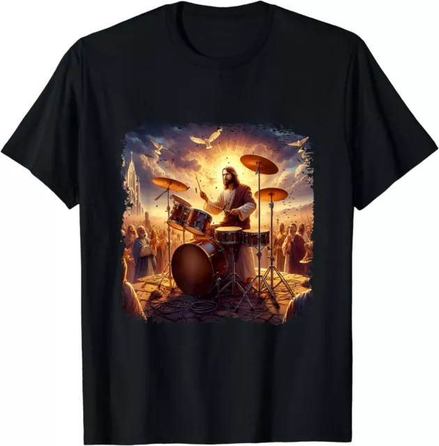 NEW LIMITED Jesus Playing Drums Christian Drummer Painting Drumming TShirt S-3XL