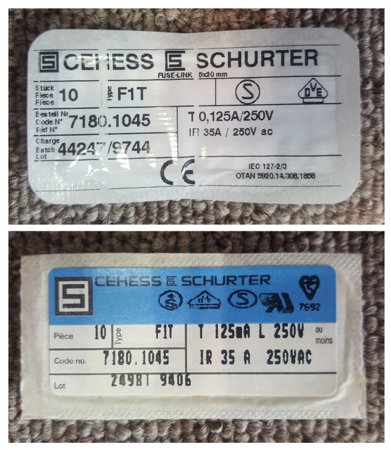 20 Fusible - CEHESS SCHURTER 0.125A/250Volts - Tube Glass - 5 x 20mm DESTOCKAGE