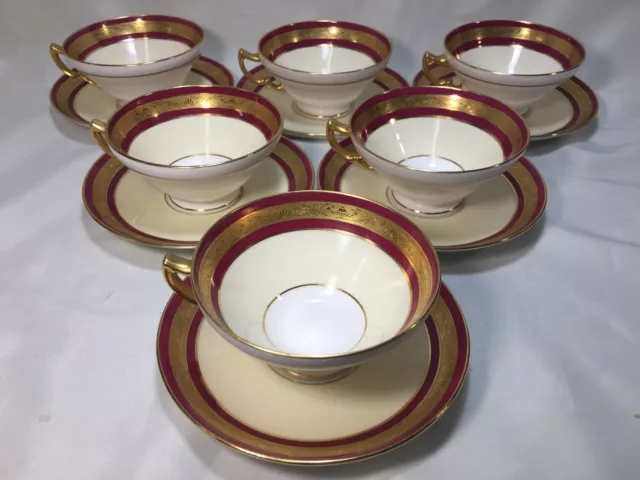(6) c1920s Minton Gold Encrusted & Red TEA CUP & SAUCERS