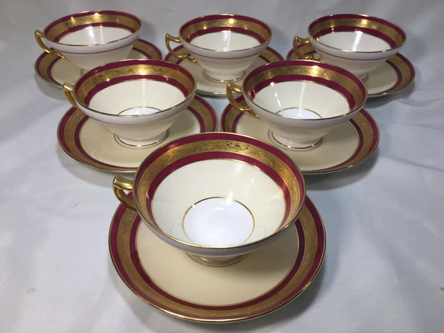 (6) c1920s Minton Gold Encrusted & Red TEA CUP & SAUCERS
