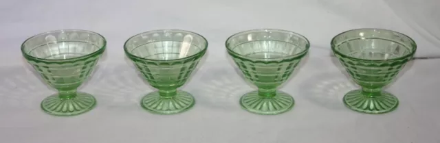 4 Vintage Anchor Hocking Block Optic Green Depression Glass Uranium Sherbet Cups