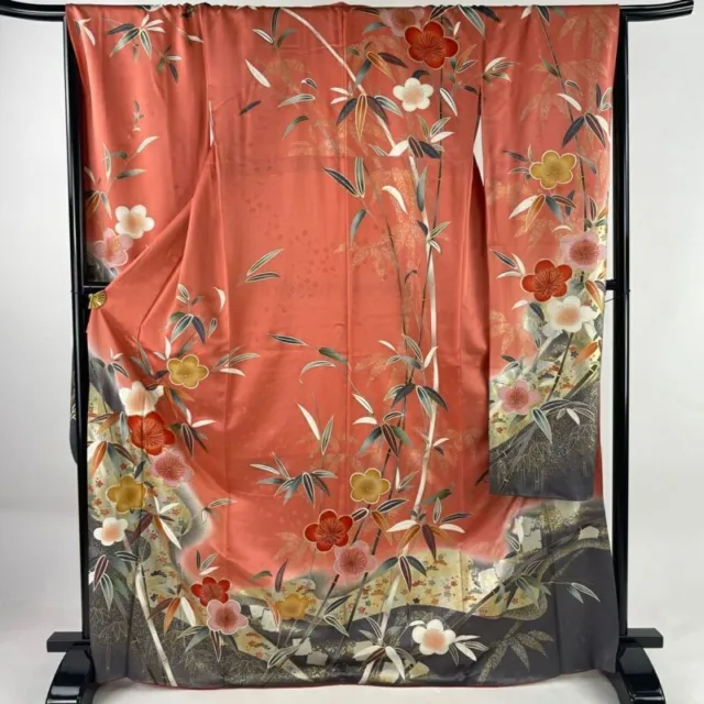 Japanese Kimono Furisode Pure Silk Chinese Plum Bamboo Salmon Pink For Formal