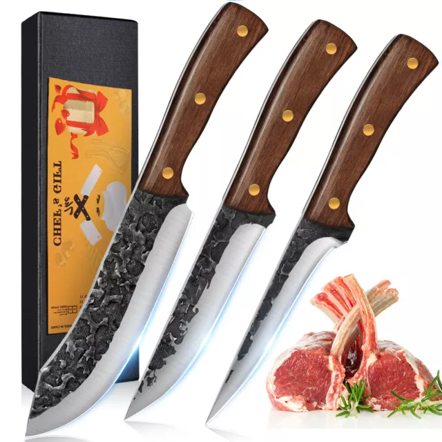 3Pcs Boning Knife Set Full Tang Butcher Knife High Carbon Steel Fillet Knives