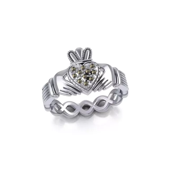 Irlandés Claddagh Marcasita Corazón 925 Anillo Plata de Ley Peter Stone Joyería