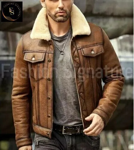 Manteau marron pour homme, veste en cuir de mouton véritable, bombardier...