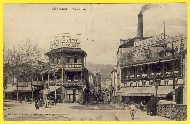 cpa RARE Animée (92) SURESNES Vue du PONT CAFÉS HÔTELS RESTAURANTS Automobiles