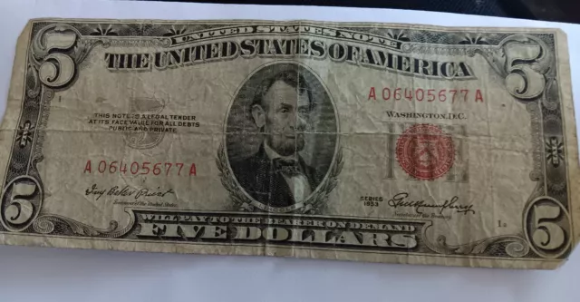 Star 1953A $5 Dollar Bill Silver Certificate Blue Seal Note Paper Money