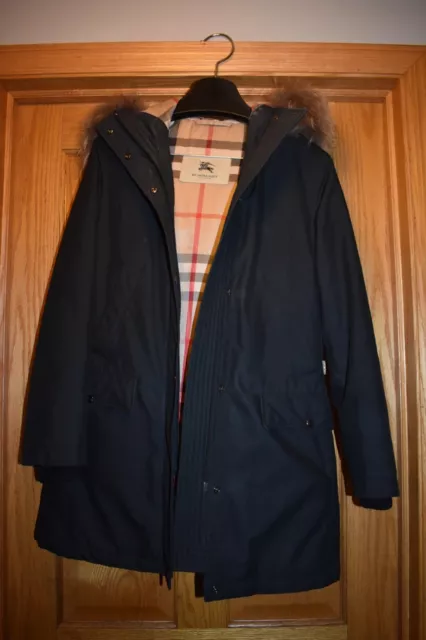 Burberry Brit Black Puffer Down Coat Jacket Real Fur Hood Winter Warm S