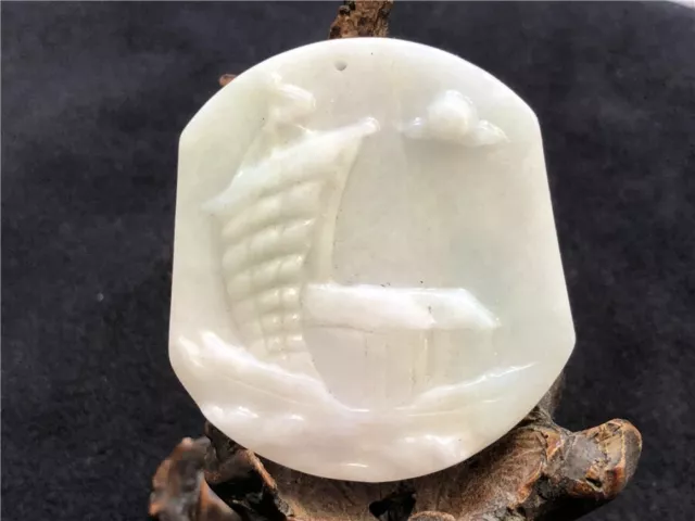 Chinese artisan Hand-carved Delicate natural Jadeite Sailboats pendant 341