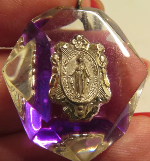 VINTAGE VIRGIN MARY RELIGIOUS PRAY STERLING PURPLE CATHOLIC Pendant 18" Necklace