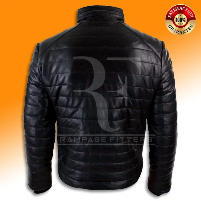 Black Leather Puffer Jacket, Men's Padded Puffy bubble Real Leather Jacket 5