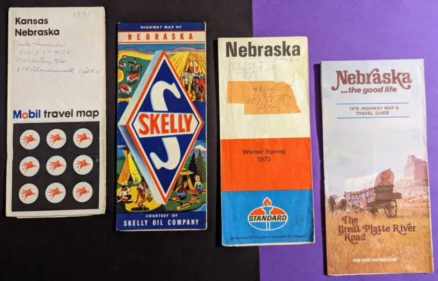 Lot Of (4) Vtg 70s Nebraska Road Maps - Foldable Travel Guides - Skelly Mobil