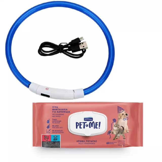 COLLAR LED LUMINOSO PARA PERROS + TOALLITAS HÚMEDAS SEPTON PET ME 60uds.