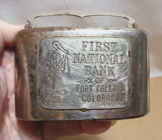 1930s PROMO 1st NATIONAL BANK OF FORT COLLINS, COLORADO COIN BANK w STORK & BABY