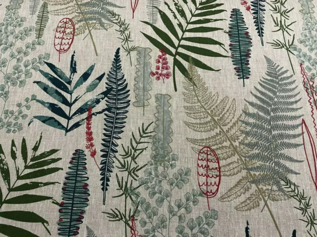 Areca Botanical Ferns Teal & Green Linen Curtain Upholstery Blind Fabric