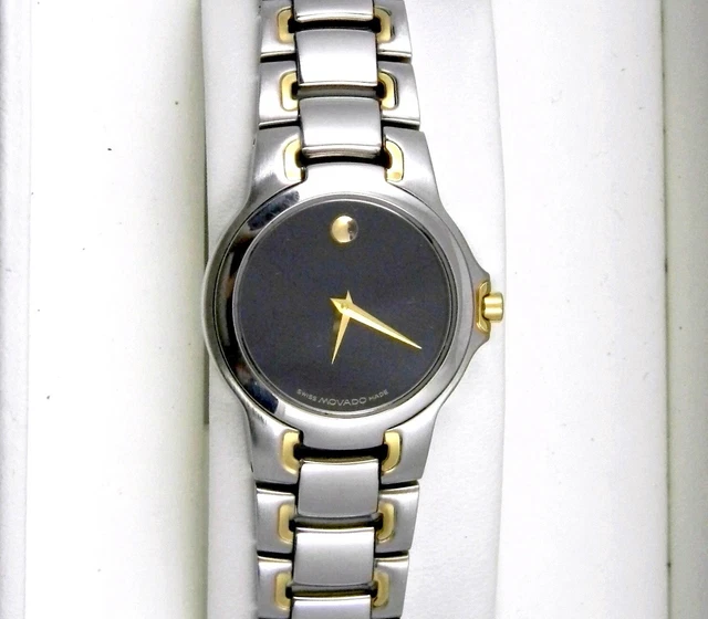 Ladies 2-Tone MOVADO MEZA Black Museum Dial St Steel Swiss Quartz Watch 7"