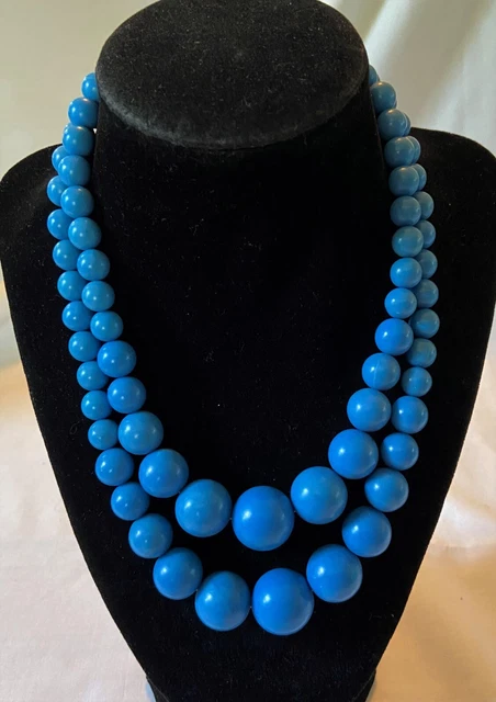 Charming Double Strand of Blue Plastic Beads Necklace 16" Marked Japan