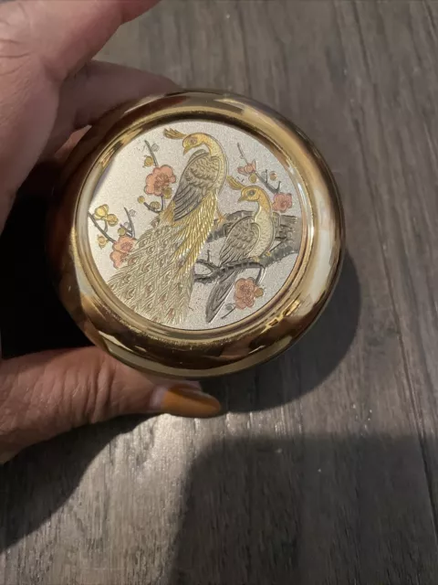 Vintage Dynasty The Art Of Chokin Peacocks Trinket Box And Lid Edged In 24K Gold