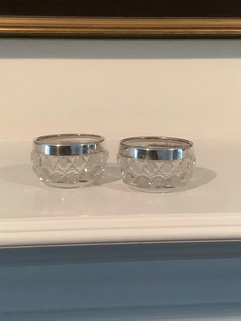 Antique 19th England Birmingham Set of 2 silver and crystal salt cellars