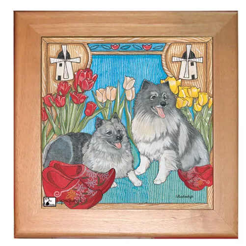 Keeshond Dog Kitchen Ceramic Trivet Framed in Pine 8" x 8"