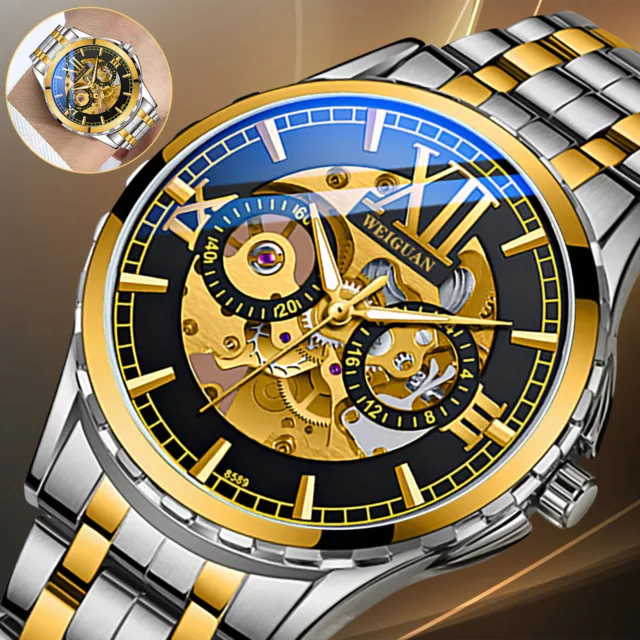 Luxury Men's Automatic Mechanical Stainless Steel Watch Business Hollow Skeleton