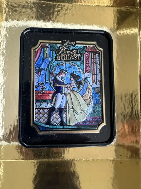 Vintage Disney’s Beauty And The Beast Stain Glass Gold Tone Tin Case Watch New