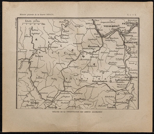 1898ca - Rhénanie (Allemagne) - Carte de la guerre de 1870 - Gravure