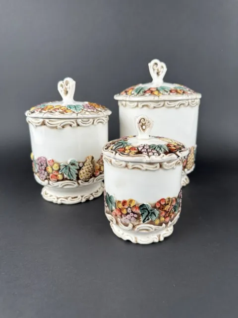 Lefton Della Robbia Fruit Covered #3487 Ceramic Canister Set of 3 Vintage