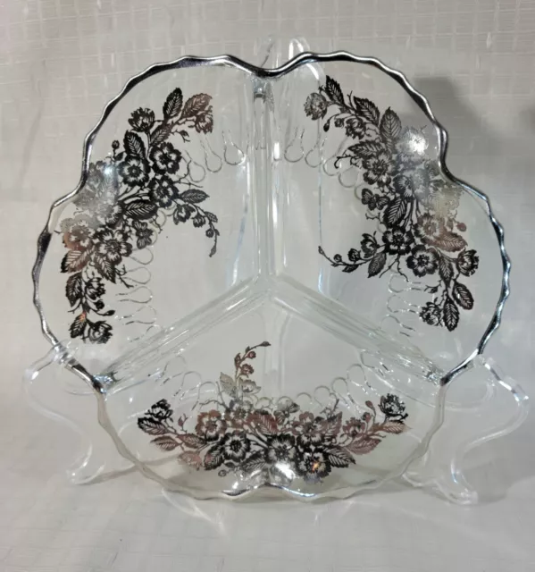 Vintage Silver City Glass 3 Part Relish Dish “Blossom Time” Silver Overlay