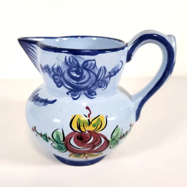 Small Ceramic Pitcher Creamer Jug Hand Painted Blue Floral 5in Made in Portugal