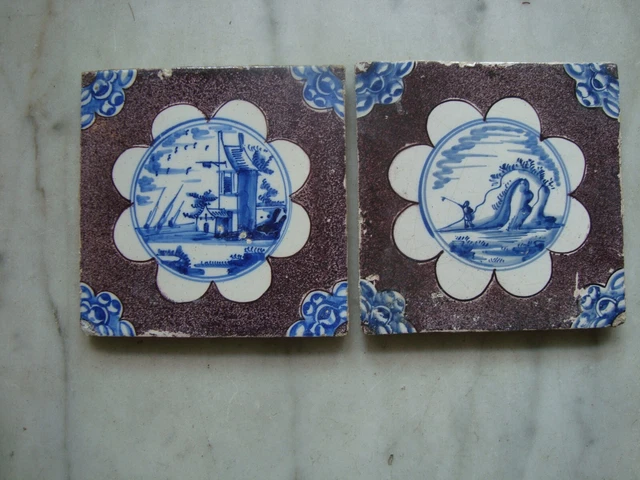 superb late 17th century delft   dutch tiles with landscapes, (2)