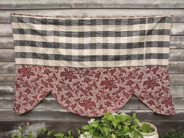 Valance Antique French Pelmet bed Check Vichy Fabric 19th century Textile