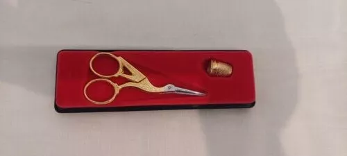 Robert Klaas Handmade 3-1/2" Gold Plated Stork Scissors & Thimble - Solingen