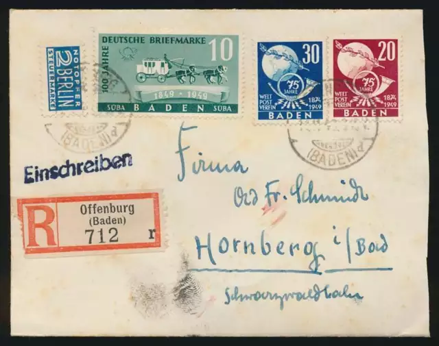 F. Zone Baden Nr. 54, 56-57 MiF auf R-Brief OFFENBURG 11.11.49 - HORNBERG