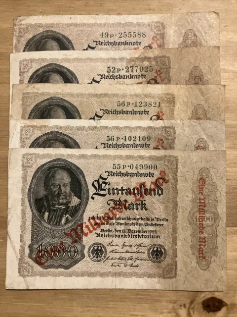 Lot Of 5 X Germany Banknotes. 5 X 1 Billion Mark. Dated 1922. Pick 113. Vintage